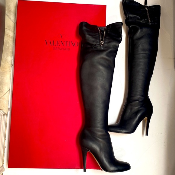 Valentino Thigh High Boots Garvani Over the Knee Black Zip Up Leather Stiletto - Picture 3 of 17